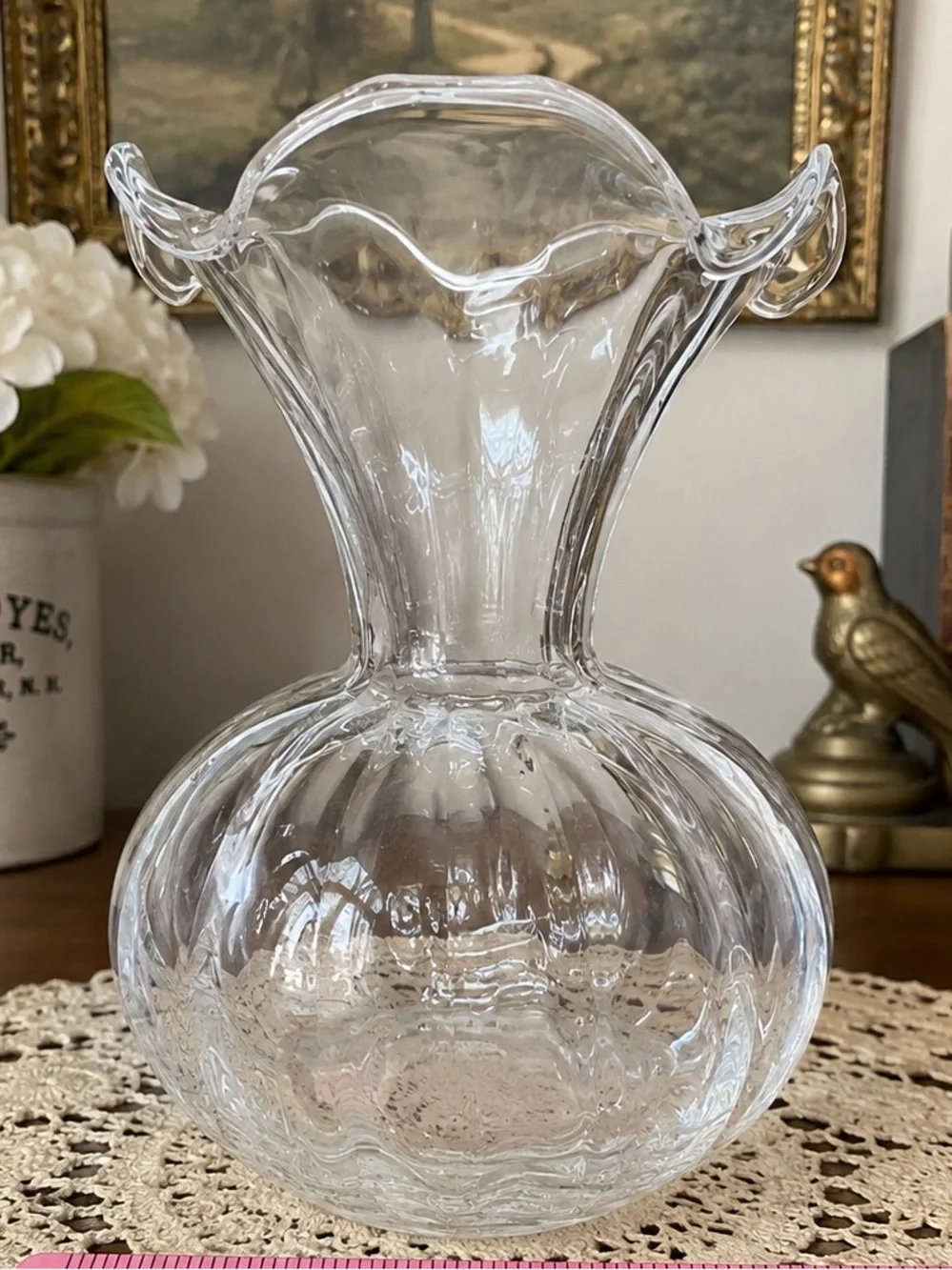 Vintage Clear Glass Vase Double Scroll Handles Bulbous Flared Ruffled Rim 6”
